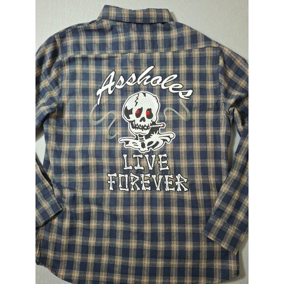 A*sholes Live Forever Flannel Shirt Men XXL Blue Plaid Smoking Skull Embrodiey - Picture 1 of 8